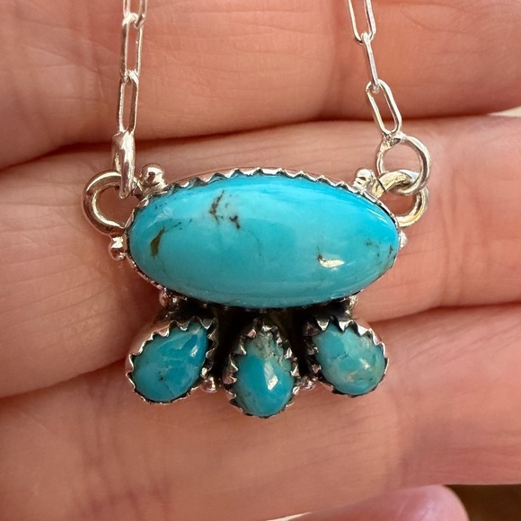 Hand Crafted Jewelry - ❤️ Kingman Turquoise 4 Stone Pendant 925 Sterling 16+2” Adj Paper Clip Necklace